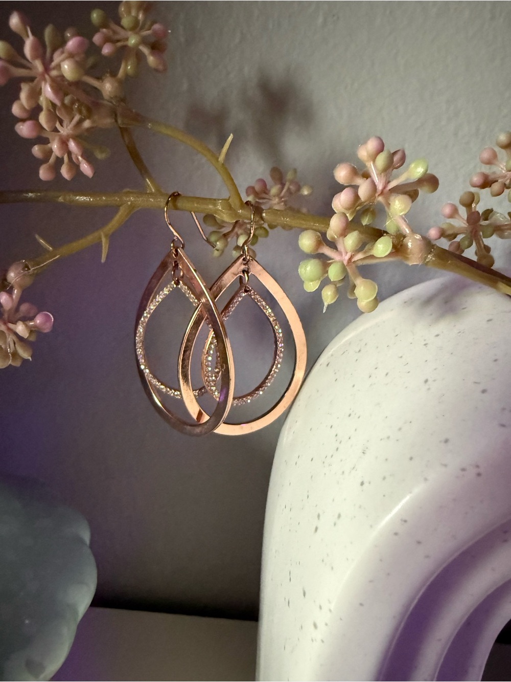 Origami Owl Rose Gold Tone and Rhinestone Teardrop Dangle Earrings